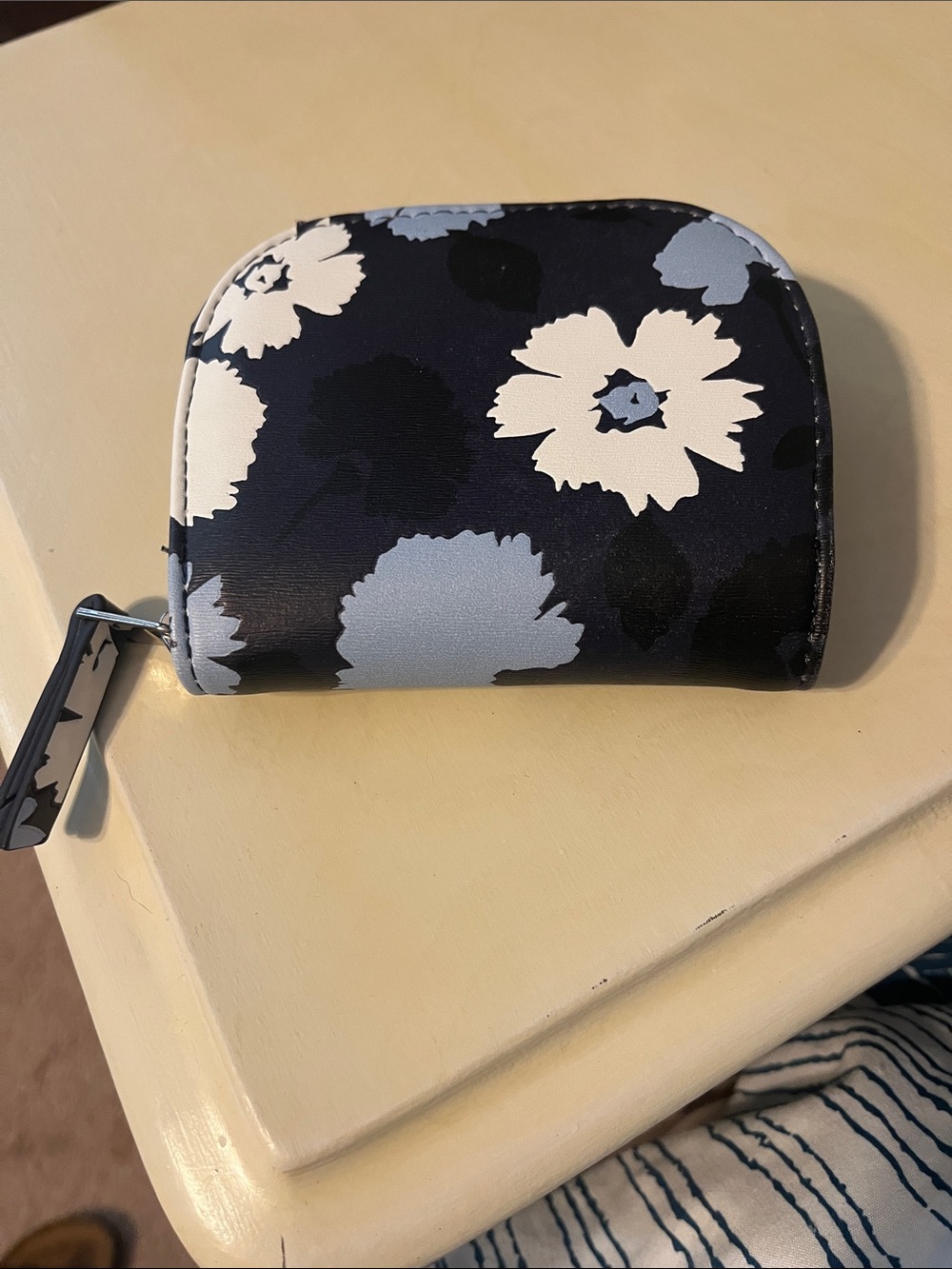We The Free Navy Floral Zip Card Holder with Light Blue and Cream Blooms